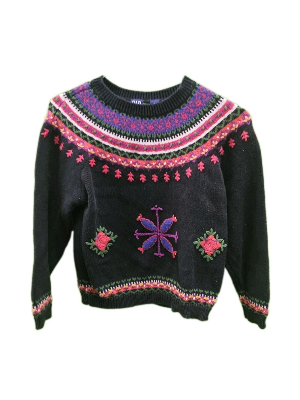 Gap Kids Girls Sweater Nordic Black Bright Crewel Flowers Medium 1990s Kidcore